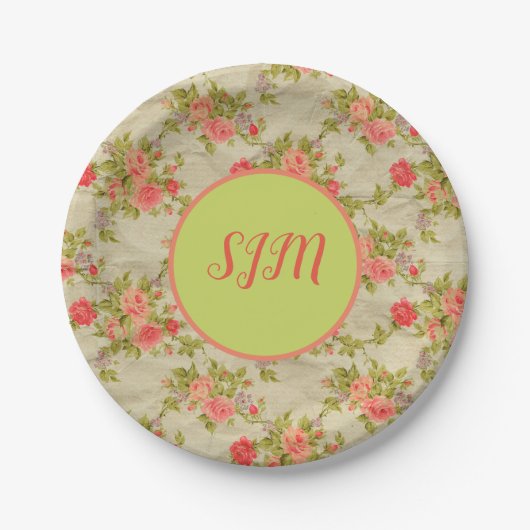 Shabby-Rose Monogram Pappteller (Vorderseite)