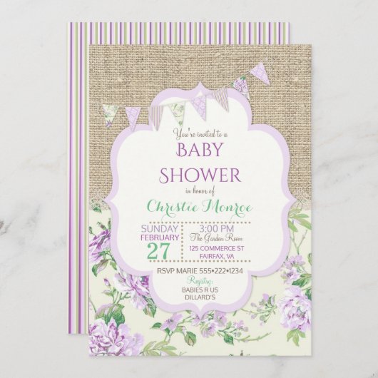 Shabby Rustic Country Chic Lavender Lace Burlap Einladung (Vorne/Hinten)