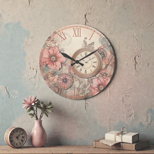 Shabby Steampunk Clocks and Florals Wall Clock Große Wanduhr