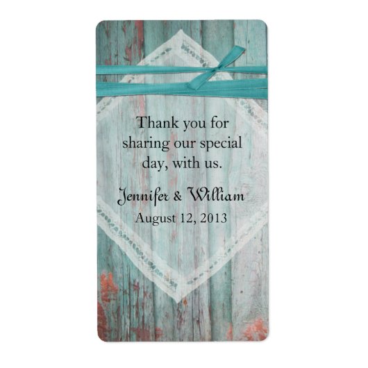 Shabby Turquoise Wood Wedding Mini Wein Label (Vorne)