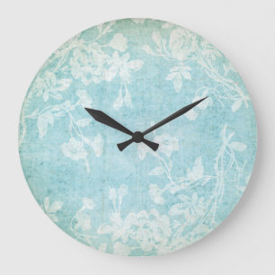 Shabby White and Blue Floral Große Wanduhr