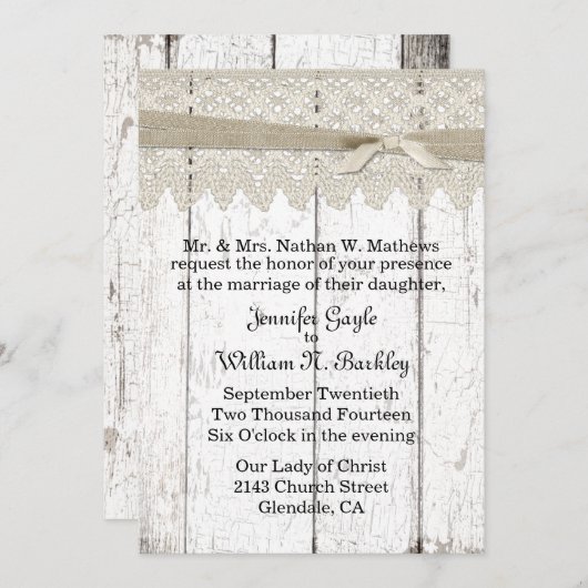 Shabby White Washed Wood and Lace Wedding Einladung (Vorne/Hinten)