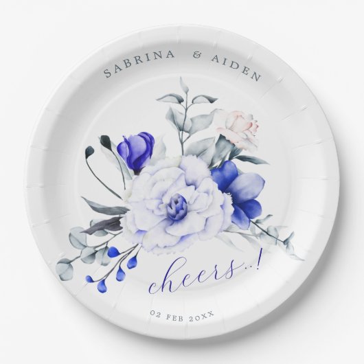Shade of Royal Blue Elfenbein Blumenhochzeit Pappteller (Vorderseite)
