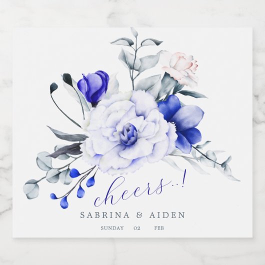 Shade of Royal Blue Elfenbein Blumenhochzeit Schaumweinetikett (Einzelnes Label)