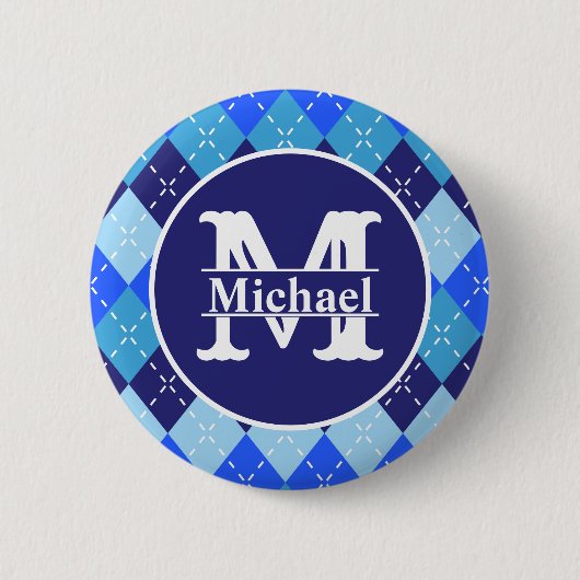 Shades of Blue Argyle Sporty Preppy personalisiert Button (Vorderseite)