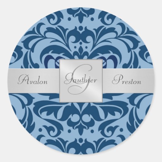 Shades of Blue Damask Monogram Wedding Sticker (Vorderseite)