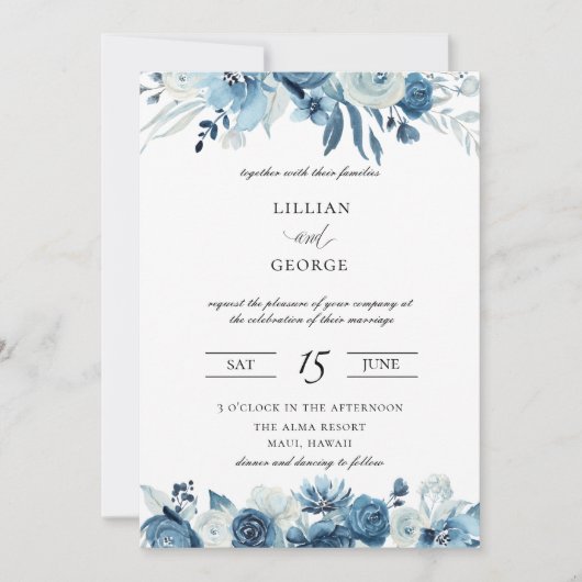 Shades of Blue Floral Wedding Einladung (Vorderseite)