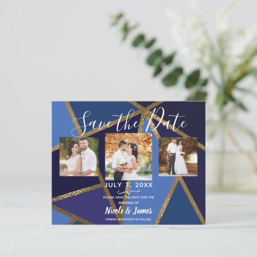 Shades of Blue & Gold Bronze Geometric Rett Date (Stehend Vorderseite)