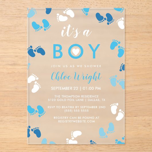 Shades of Blue It's A Boy Baby Footprints Acryleinladungen (Vorderseite)