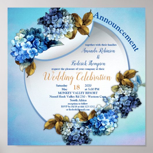 Shades of Blue Watercolor Hydrangeas Wedding Poster (Vorne)