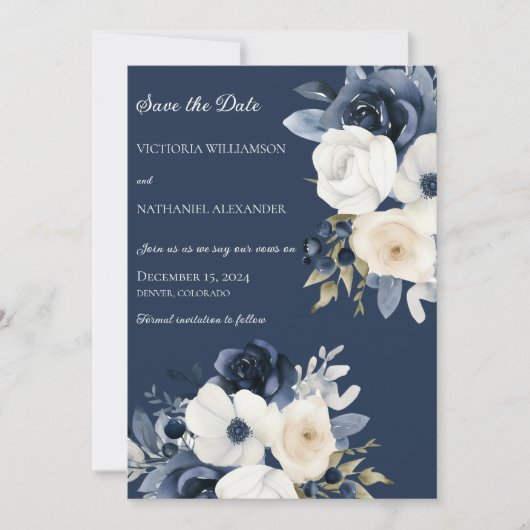 Shades of Blue & White Floral on Navy Save The Date (Vorderseite)