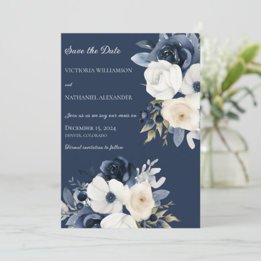 Shades of Blue & White Floral on Navy Save The Date (Stehend Vorderseite)