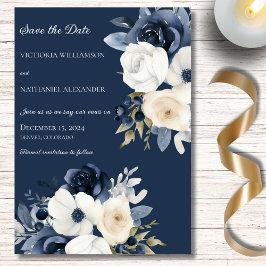 Shades of Blue & White Floral on Navy Save The Date