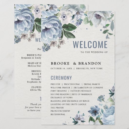 Shades of Gray Dusty Blue Winter Wedding Program (Vorne/Hinten)