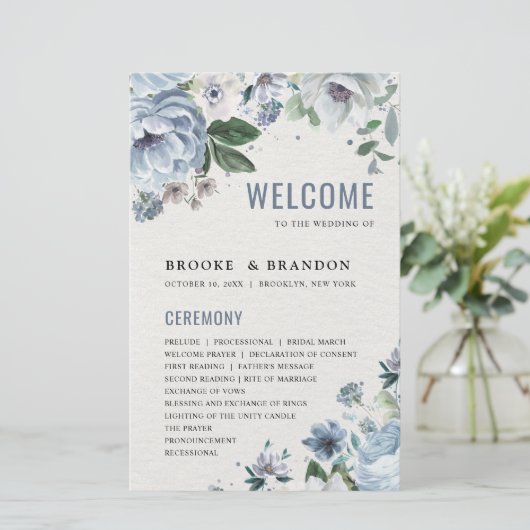 Shades of Gray Dusty Blue Winter Wedding Program (Stehend Vorderseite)