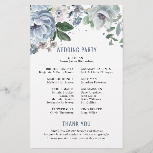 Shades of Gray Dusty Blue Winter Wedding Program (Rückseite)
