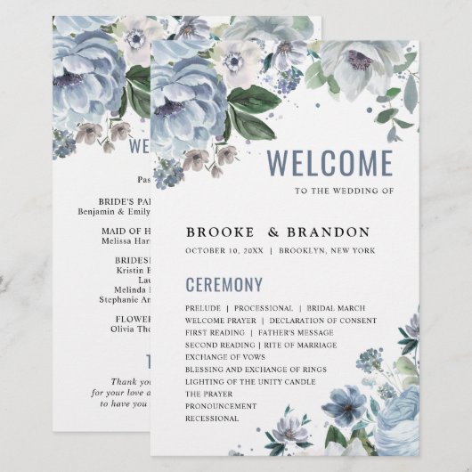 Shades of Gray Dusty Blue Winter Wedding Program (Vorne/Hinten)