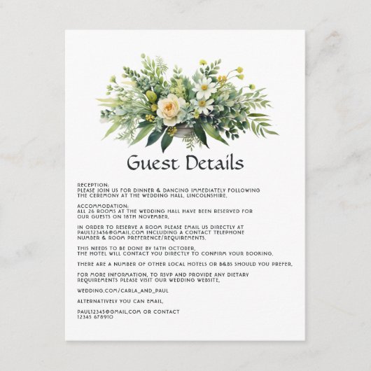 Shades of Green Floral Wedding Guest Details Begleitkarte (Vorderseite)