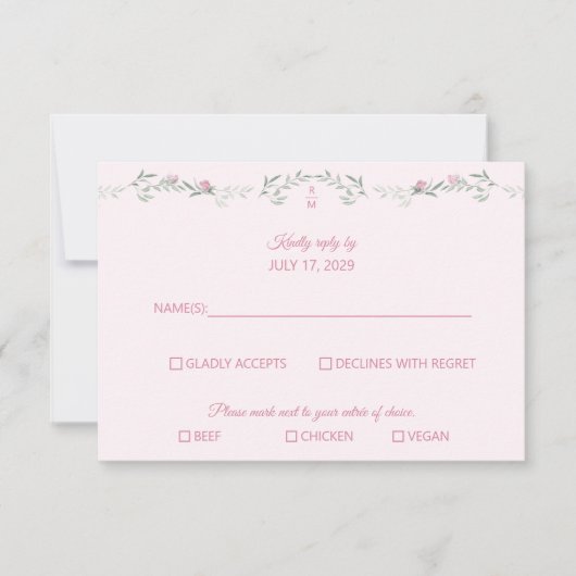 Shades of Pink Foliage Monogram RSVP Response Card Karte (Vorderseite)