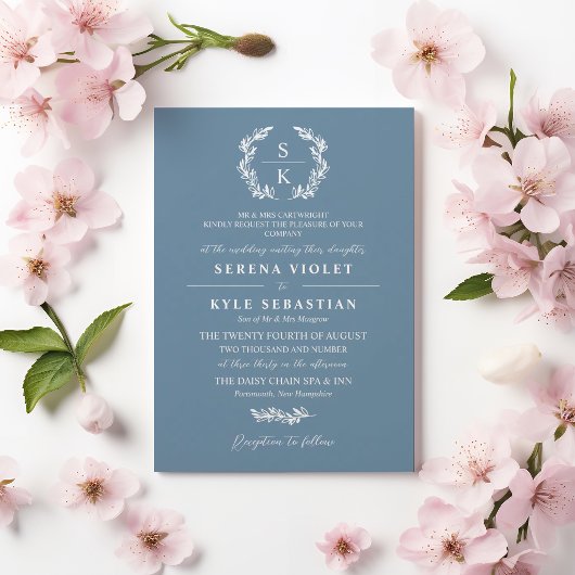 Shadow Blue Laurel Wreath Monogram Wedding Einladung