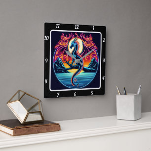 Shadowfire Neon Dragon Quadratische Wanduhr
