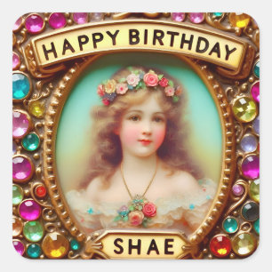 SHAE ~ HAPPY BIRTHDAY ~ Vintag Girl ~ Quadratischer Aufkleber