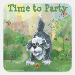 Shaggy Sheep Dog Party Center Quadratischer Aufkleber
