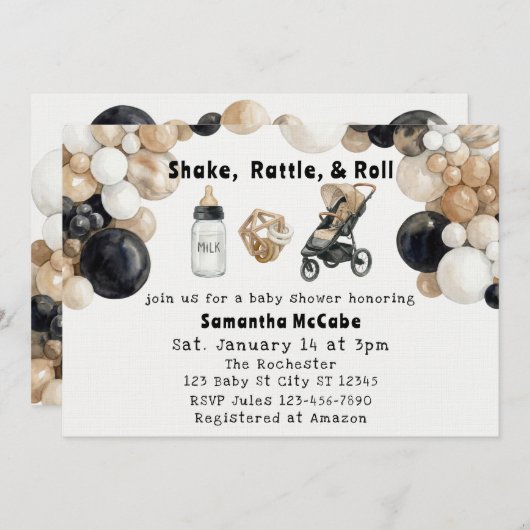 Shake, Rattle, Roll & Balloon Arch Baby Shower Einladung (Vorne/Hinten)