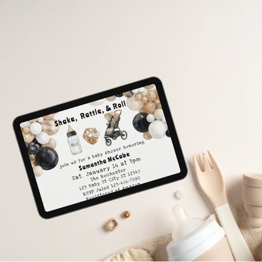 Shake, Rattle, Roll & Balloon Arch Baby Shower Einladung