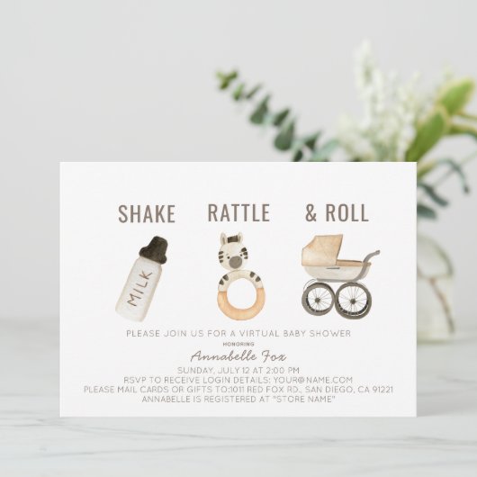 Shake Rattle & Roll Boho Virtual Baby Dusche Einladung (Stehend Vorderseite)