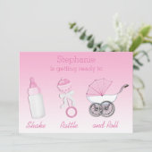 Shake Rattle und Roll Girl Baby Dusche Einladung (Stehend Vorderseite)