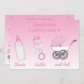 Shake Rattle und Roll Girl Baby Dusche Einladung (Vorne/Hinten)