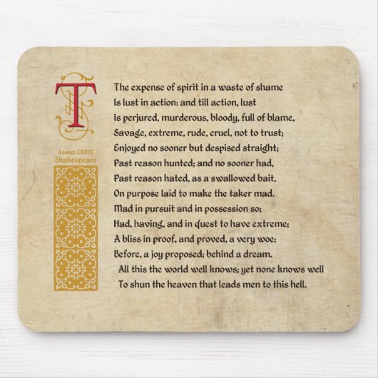 Shakespeare Sonnet 129 (CXXIX) auf Pergament Mousepad (Vorne)