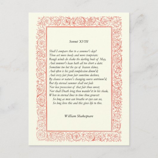 Shakespeare Sonnet # 18 Postkarte (Vorderseite)