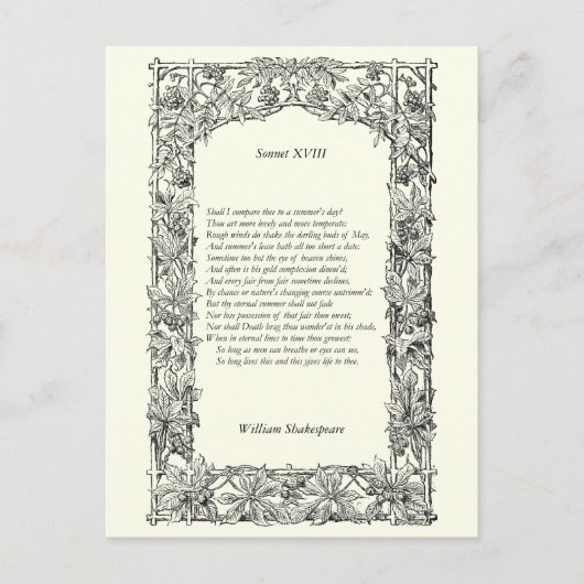 Shakespeare Sonnet # 18 Postkarte (Vorderseite)