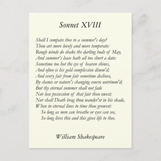 Shakespeare Sonnet # 18 Postkarte (Vorderseite)