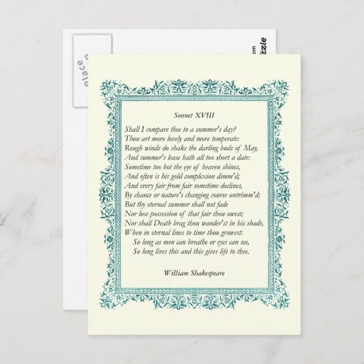Shakespeare Sonnet # 18 Postkarte (Vorne/Hinten)
