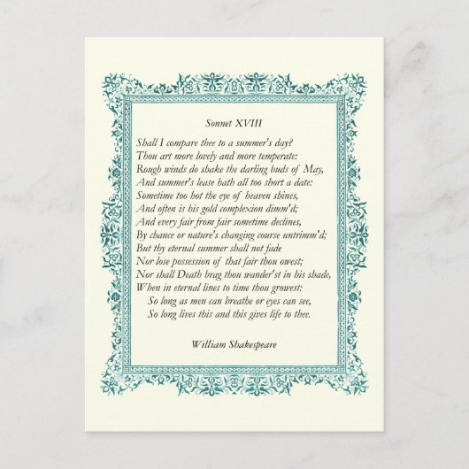 Shakespeare Sonnet # 18 Postkarte (Vorderseite)