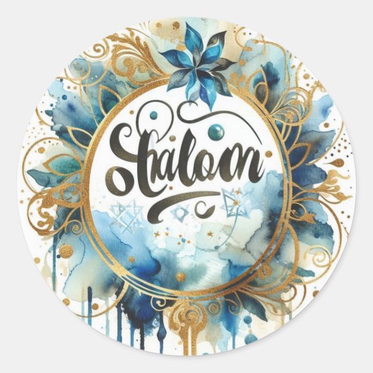 Shalom Blue Gold Wreath Abstract Modern Trendy Runder Aufkleber (Vorderseite)