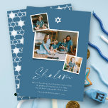 Shalom White Star von David 3 Foto Simple Hanukkah Feiertagskarte<br><div class="desc">Diese moderne, minimalistische Hanukkah-Karte enthält den Gruß "Shalom" in einem trendigen Schrift. Auf der mittleren Spitze steht ein Stern von David mit 3 Sofort-Foto-Collage-Layout. Ein kurzer Urlaubswunsch und das Familienname-Abzeichen werden am Ende der Karte platziert. Stern von David Symbol, Begrüßung, Text und Hintergrund können in jede Farbe Ihrer Wahl geändert...</div>