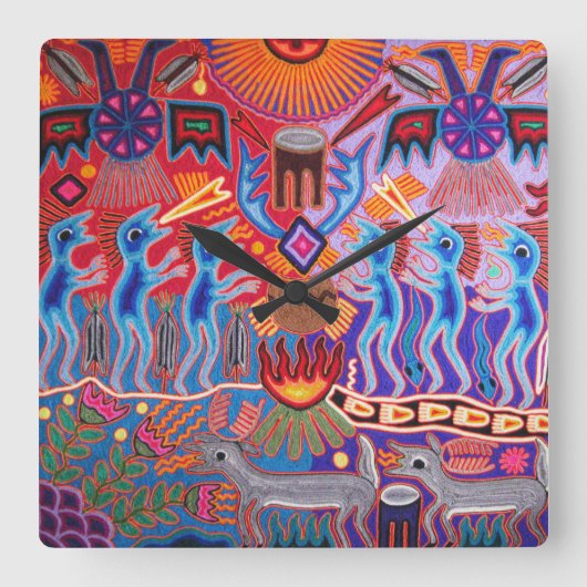 Shaman Hunter Sun Ritual Huichol Quadratische Wanduhr (Vorderseite)