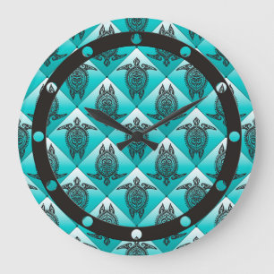 Shamanic Sea Turtles Pattern - cyan Große Wanduhr