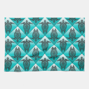 Shamanic Sea Turtles Pattern - cyan Küchentuch