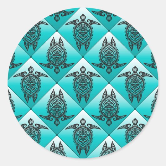 Shamanic Sea Turtles Pattern - cyan Runder Aufkleber (Vorderseite)