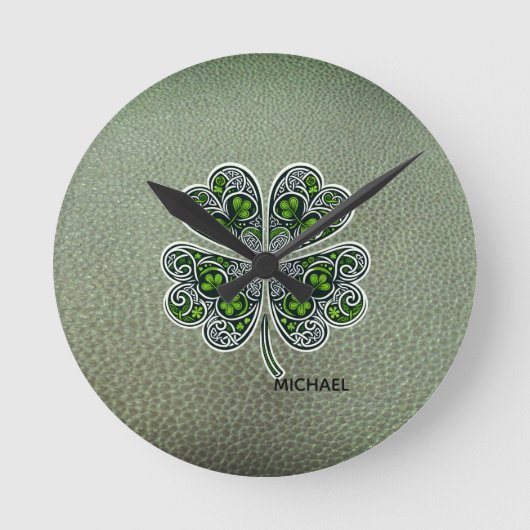 Shamrock Colover St.Patrick`s Day Grüne Ledertasch Runde Wanduhr (Vorderseite)