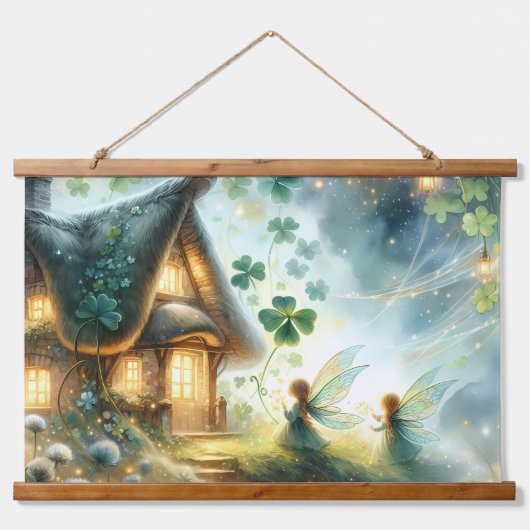 Shamrock Fairy Cottage Glow Wandteppich Mit Holzrahmen (Vorne)