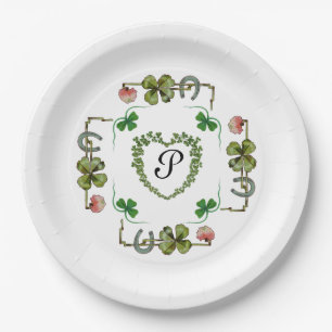 SHAMROCK HERZ,BLUMEN,GRÜNES BLUMENMONOGRAMM Weiß Pappteller