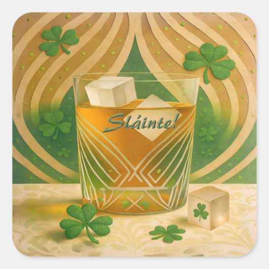 Shamrocks Irish Whiskey Tumbler "Sláinte!" Quadratischer Aufkleber (Vorderseite)
