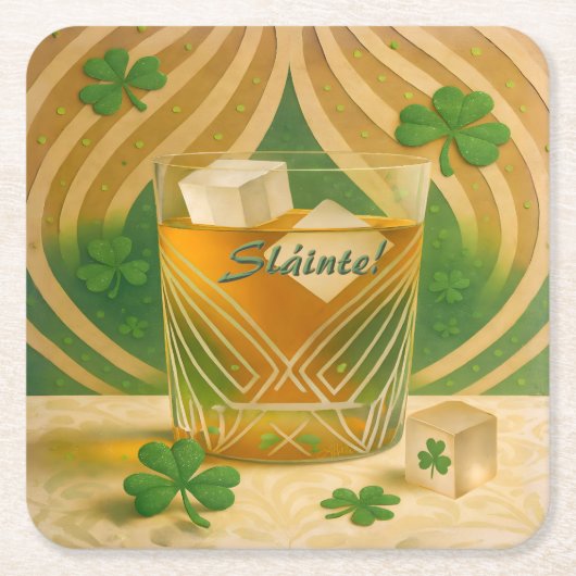 Shamrocks Irish Whiskey Tumbler "Sláinte!" Rechteckiger Pappuntersetzer (Vorderseite)
