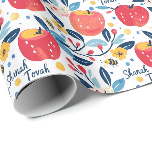 Shana Tova mit Äpfeln und Bienen Geschenkpapier (Rolleneckpunkt)